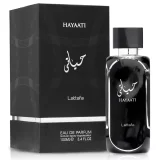 Lattafa Hayaati Black 100ml frasco con caja perfume árabe hombre amaderado aromático fresco canela vainilla manzana
