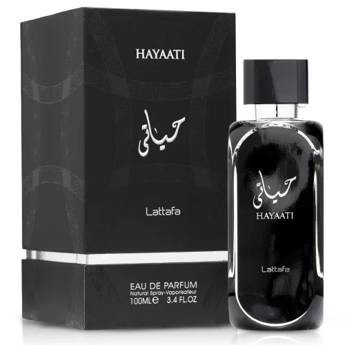 Lattafa Hayaati Black 100ml - Frasco y caja Lattafa Hayaati Black 100ml frasco con caja perfume árabe hombre amaderado aromático fresco canela vainilla manzana