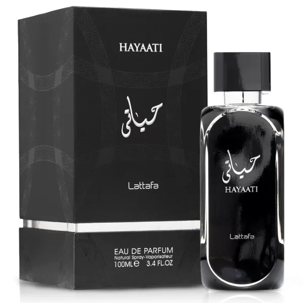 Lattafa Hayaati Black 100ml frasco con caja perfume árabe hombre amaderado aromático fresco canela vainilla manzana