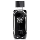 Perfume Lattafa Hayaati Black Negro 100ml frasco árabe hombre amaderado aromático manzana canela almizcle vainilla
