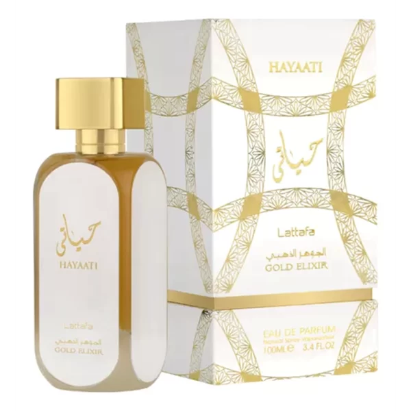 Lattafa Hayaati Gold Elixir 100ml frasco con caja perfume árabe unisex cuero dulce melocotón azafrán vainilla