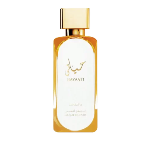 Perfume Lattafa Hayaati Gold Elixir 100ml frasco árabe unisex cuero dulce bergamota melocotón azafrán vainilla ámbar