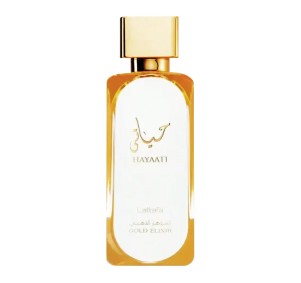 Perfume Lattafa Hayaati Gold Elixir 100ml frasco árabe unisex cuero dulce bergamota melocotón azafrán vainilla ámbar