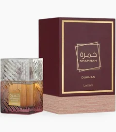 Lattafa Khamrah Dukhan 100ml frasco con caja perfume árabe masculino oriental especiado ahumado tabaco dulce