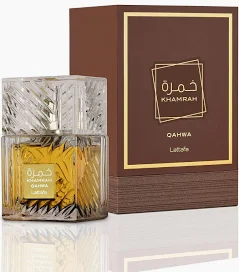 Lattafa Khamrah Qahwa 100ml frasco con caja perfume árabe unisex oriental gourmand café canela praliné dulce