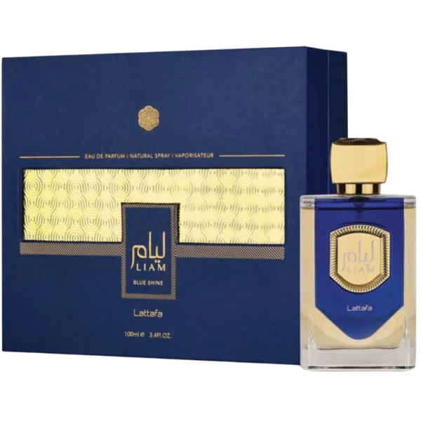 Lattafa Liam Blue Shine 100ml frasco con caja perfume árabe unisex acuático romero pimienta violeta almizcle