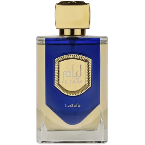 Perfume Lattafa Liam Blue Shine 100ml frasco árabe unisex aromático acuático bergamota romero notas marinas ámbar