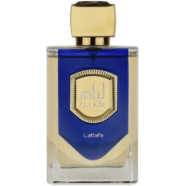 Perfume Lattafa Liam Blue Shine 100ml frasco árabe unisex aromático acuático bergamota romero notas marinas ámbar