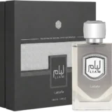 Lattafa Liam Grey 100ml frasco con caja perfume árabe unisex cremoso higo cardamomo iris vetiver haba tonka