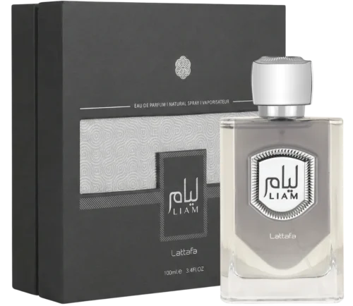 Lattafa Liam Grey 100ml frasco con caja perfume árabe unisex cremoso higo cardamomo iris vetiver haba tonka
