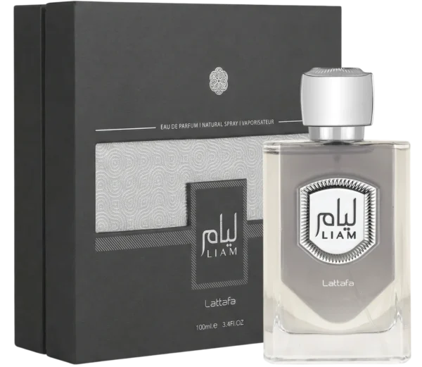 Lattafa Liam Grey 100ml frasco con caja perfume árabe unisex cremoso higo cardamomo iris vetiver haba tonka