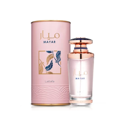 Lattafa Mayar 100ml frasco con caja perfume árabe femenino floral afrutado dulce litchi frambuesa rosa jazmín