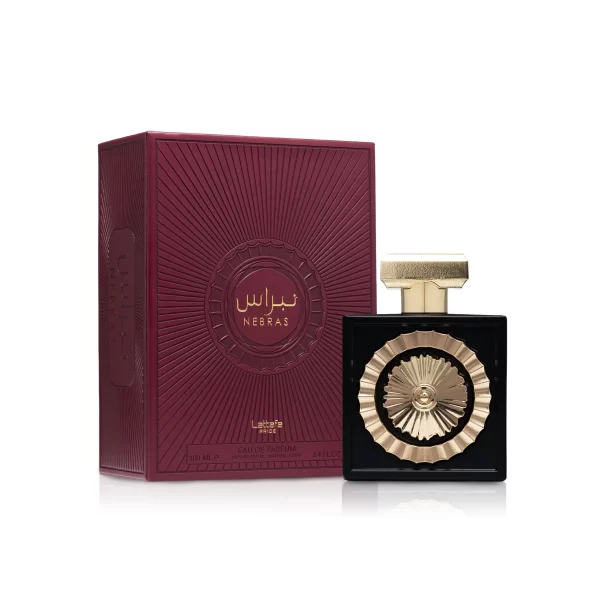 Lattafa Nebras 100ml frasco con caja perfume árabe unisex oriental gourmand dulce cacao vainilla frutos rojos