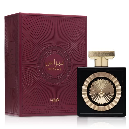 Lattafa Nebras 100ml - Frasco y cajaLattafa Nebras 100ml - Frasco y caja Lattafa Nebras 100ml frasco con caja perfume árabe unisex oriental gourmand dulce cacao vainilla frutos rojos