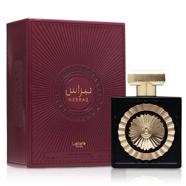 Lattafa Nebras 100ml frasco con caja perfume árabe unisex oriental gourmand dulce cacao vainilla frutos rojos