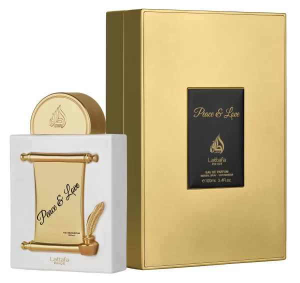Lattafa Peace and Love 100ml frasco con caja perfume árabe unisex oriental floral almendra rosa vainilla elegante