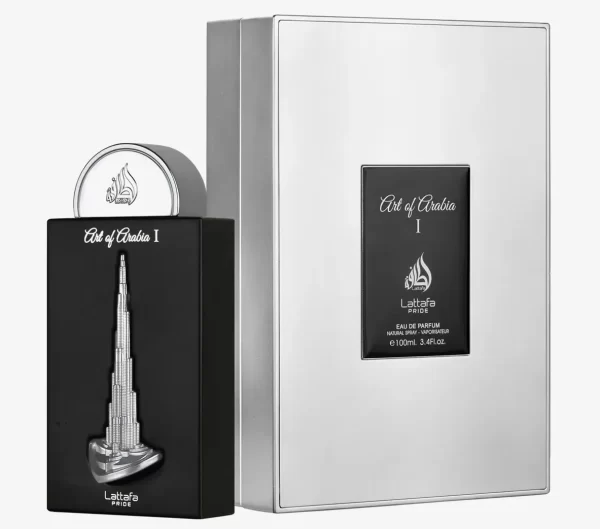 Lattafa Pride Art of Arabia I 100ml frasco con caja perfume árabe unisex cítrico aromático bergamota menta y té negro