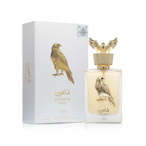 Lattafa Pride Shaheen Gold 100ml - Frasco y caja Lattafa Pride Shaheen Gold 100ml frasco con caja perfume árabe unisex frutal amaderado piña higo lavanda vainilla
