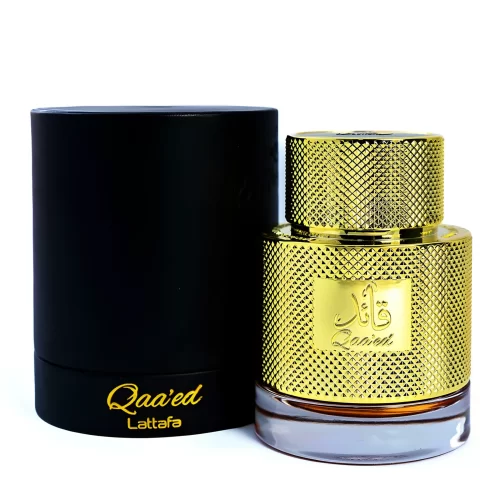 Lattafa Qaa'ed 100ml - Frasco y caja Lattafa Qaa'ed 100ml frasco con caja perfume árabe unisex oriental ámbar especiado oud cuero vainilla canela