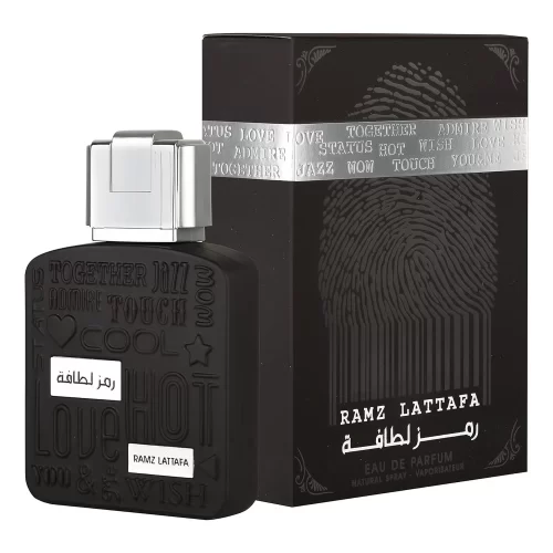Lattafa Ramz Silver 100ml - Frasco y caja Lattafa Ramz Silver 100ml frasco con caja perfume árabe unisex ámbar vainilla pera lavanda y vainilla
