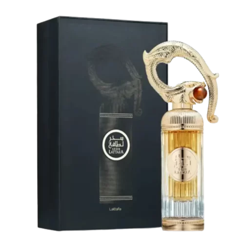 Lattafa Sehr 100ml - Frasco y caja Lattafa Sehr 100ml frasco con caja perfume árabe unisex oriental gourmand almendra canela vainilla haba tonka ámbar