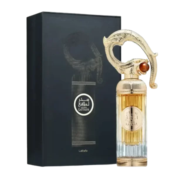 Lattafa Sehr 100ml frasco con caja perfume árabe unisex oriental gourmand almendra canela vainilla haba tonka ámbar
