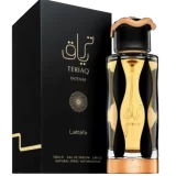 Frasco y estuche original del perfume Lattafa Teriaq Intense EDP 100 ml en presentación premium