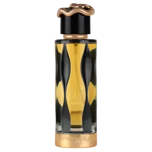 Perfume Lattafa Teriaq Intense 100 ml - Frasco Frasco del perfume árabe Lattafa Teriaq Intense Eau de Parfum 100 ml con tapón serpiente dorado