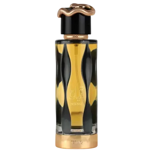 Frasco del perfume árabe Lattafa Teriaq Intense Eau de Parfum 100 ml con tapón serpiente dorado