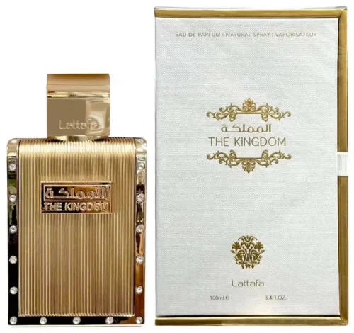 Lattafa The Kingdom 100ml - Frasco y caja Lattafa The Kingdom 100ml frasco con caja perfume árabe hombre aromático fougère lavanda vainilla y tabaco