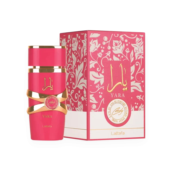 Lattafa Yara Candy 100ml frasco con caja perfume árabe mujer floral afrutado gourmand dulce
