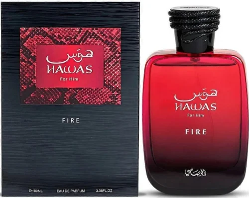 Rasasi Hawas Fire 100ml - Frasco y caja Rasasi Hawas Fire 100ml frasco con caja perfume árabe masculino aromático acuático marino ámbar mineral