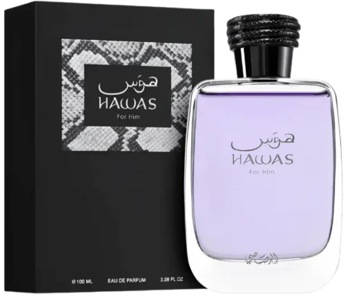 Rasasi Hawas For Him 100ml - Frasco y caja Rasasi Hawas For Him 100ml frasco con caja perfume árabe hombre acuático manzana canela azahar madera de deriva