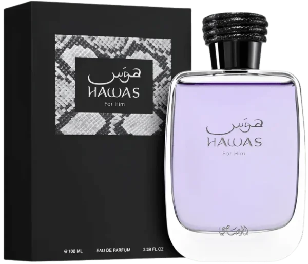 Rasasi Hawas For Him 100ml frasco con caja perfume árabe hombre acuático manzana canela azahar madera de deriva