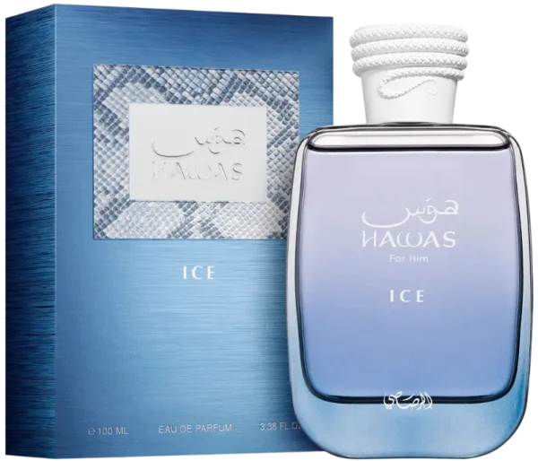 Rasasi Hawas Ice 100ml frasco con caja perfume árabe hombre fresco cítrico manzana helada cardamomo musgo ámbar