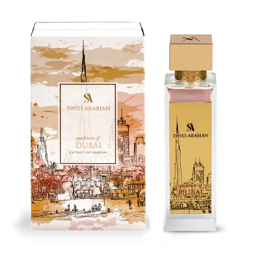 Swiss Arabian Opulence of Dubai 100ml frasco con caja perfume árabe unisex amaderado especiado rosa chocolate café ámbar