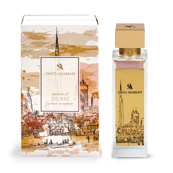 Swiss Arabian Opulence of Dubai 100ml frasco con caja perfume árabe unisex amaderado especiado rosa chocolate café ámbar