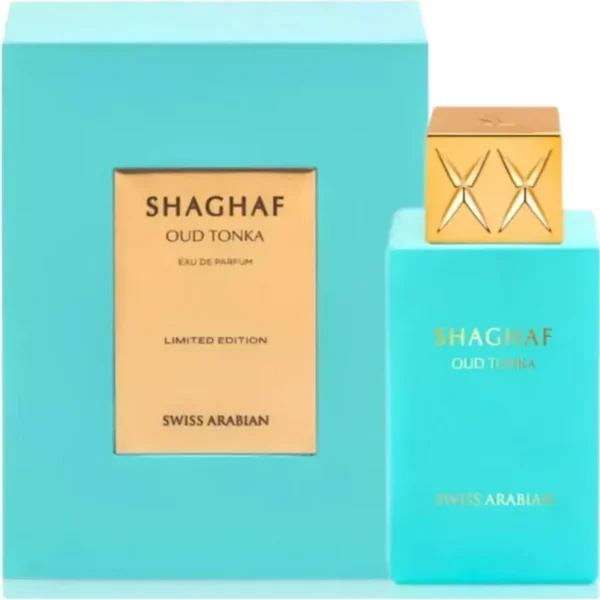 Swiss Arabian Shaghaf Oud Tonka 75ml frasco con caja perfume árabe unisex almendrado rosa canela madera ambarina