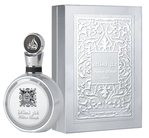 Lattafa Fakhar Platin 100ml frasco con caja perfume árabe unisex aromático fougère fresco bergamota guayaba sándalo