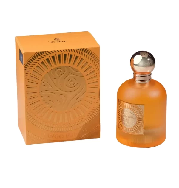 Frasco de perfume de color ámbar con tapa plateada, acompañado de su caja naranja decorada. Ideal para quienes buscan una fragancia fresca y vibrante.