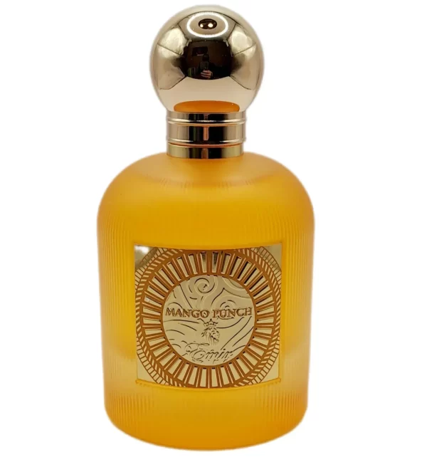 Botella de perfume Mango Punch con diseño amarillo y tapa dorada, ideal para quienes buscan una fragancia fresca y afrutada. Perfecta para el uso diario y ocasiones especiales.