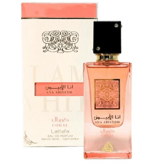Lattafa Ana Abiyedh Coral 60ml frasco con caja perfume árabe unisex frutal dulce