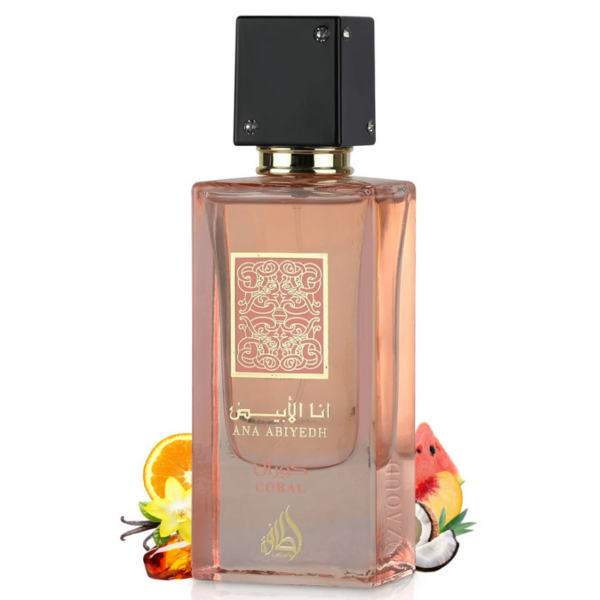 Perfume Lattafa Ana Abiyedh Coral 60ml frasco árabe unisex frutal dulce sandía melocotón coco vainilla