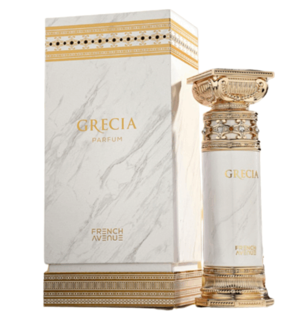 Frasco de perfume Grecia con diseño elegante en tonos blancos y dorados, acompañado de una caja decorativa que resalta su sofisticación. Ideal para quienes buscan una fragancia única y lujosa.