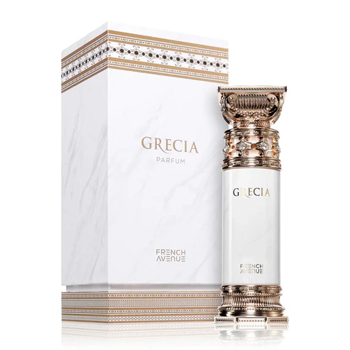 French Avenue Grecia 100ml frasco con caja perfume árabe femenino gourmand lácteo floral cremoso elegante