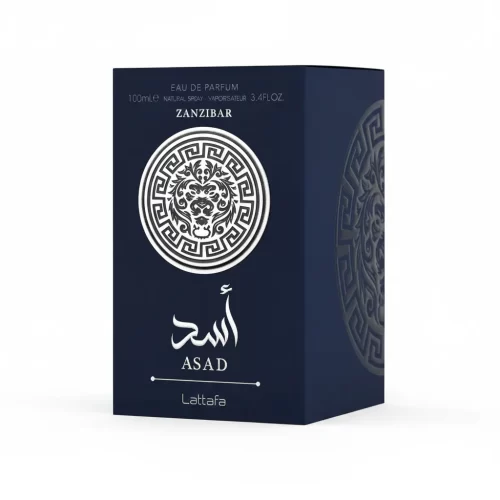 Lattafa Asad Zanzibar 100ml - Frasco y caja Lattafa Asad Zanzibar 100ml frasco con caja perfume árabe hombre fresco amaderado limpio marino lavanda jabón maderas