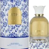 Frasco y estuche original del perfume Lattafa Petra EDP 100 ml en presentación premium mediterránea