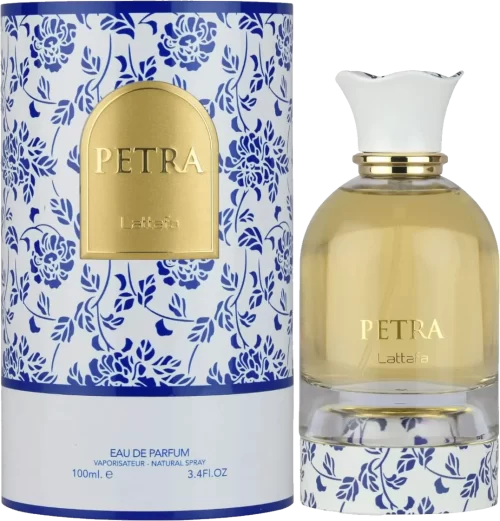 Frasco y estuche original del perfume Lattafa Petra EDP 100 ml en presentación premium mediterránea
