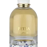 Frasco del perfume árabe Lattafa Petra Eau de Parfum 100 ml con motivos florales mediterráneos en azul y blanco