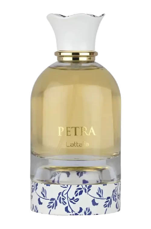 Frasco del perfume árabe Lattafa Petra Eau de Parfum 100 ml con motivos florales mediterráneos en azul y blanco